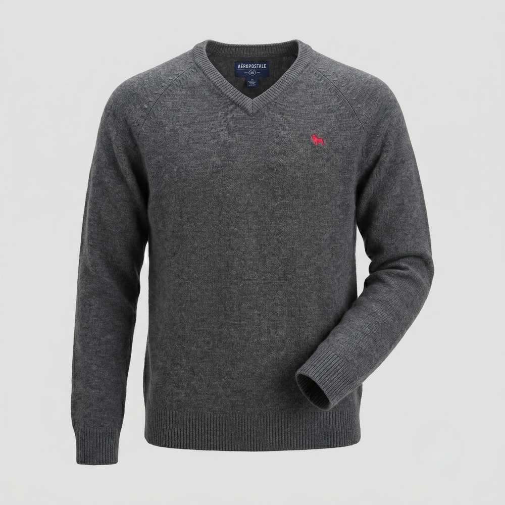 Aeropostale Mens XL Gray Sweater V-Neck Pullover‎ Raglan Sleeve Logo Knit